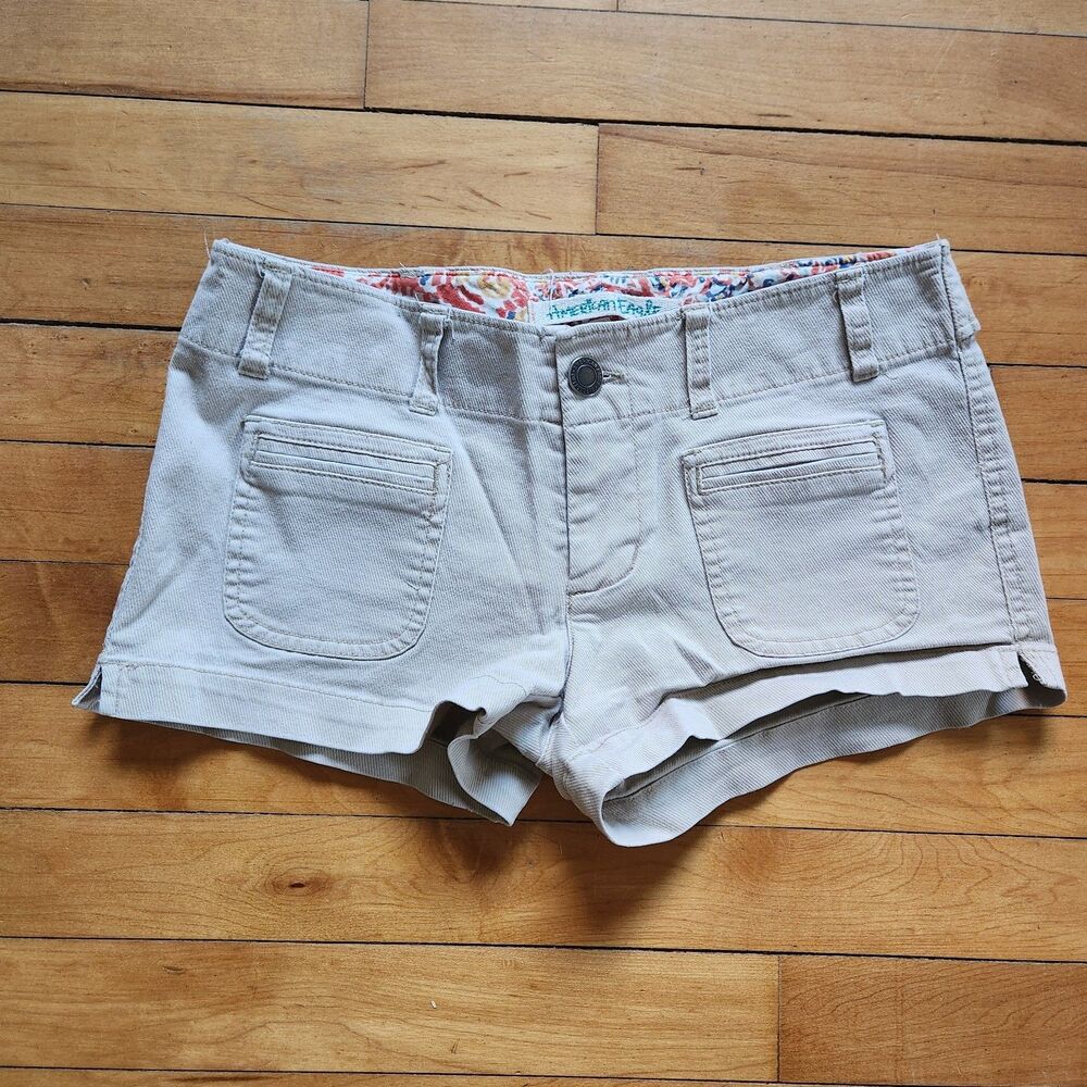 Y2k American Eagle Ultra Low Rise Corduroy Micro Mini Cargo Shorts Tan Beige
